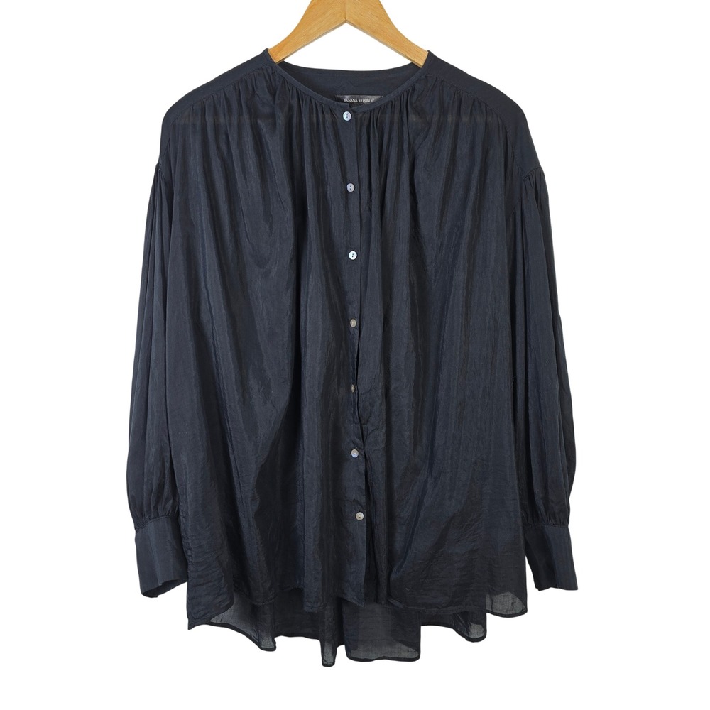 Banana Republic Womens Black Cotton Silk Blend Sheer Button Front Blouse Size M